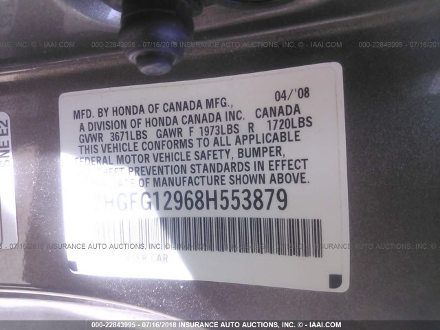 2HGFG12968H553879 - 2008 HONDA CIVIC EXL Boz foto 9