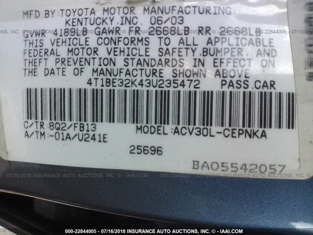 4T1BE32K43U235472 - 2003 TOYOTA CAMRY LE/XLE/SE 蓝色 照片 9