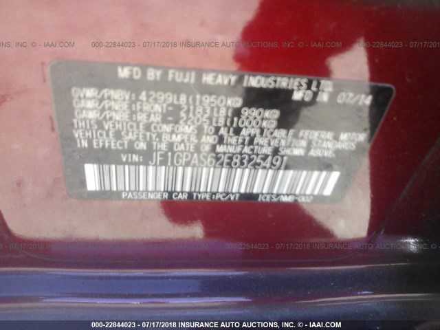 JF1GPAS62E8325491 - 2014 SUBARU IMPREZA SPORT LIMITED BURGUNDY photo 9