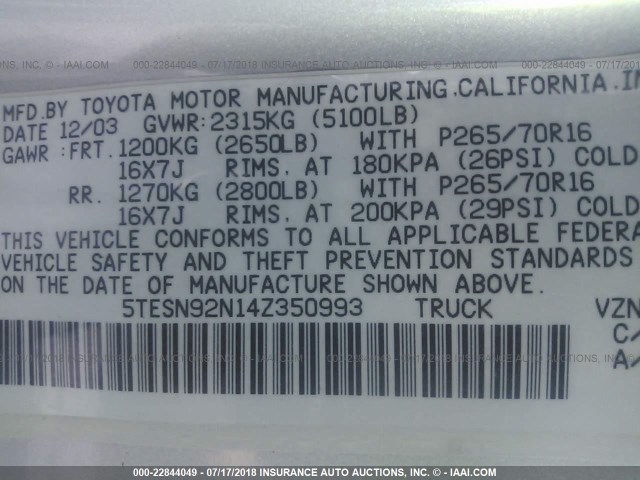 5TESN92N14Z350993 - 2004 TOYOTA TACOMA XTRACAB PRERUNNER SILVER photo 9