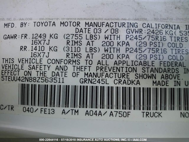 5TEUU42N88Z563511 - 2008 TOYOTA TACOMA ACCESS CAB WHITE photo 9