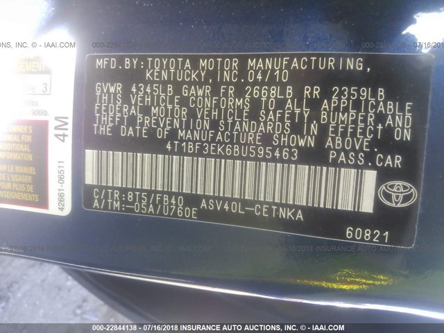 4T1BF3EK6BU595463 - 2011 TOYOTA CAMRY SE/LE/XLE ლურჯი ფოტო 9