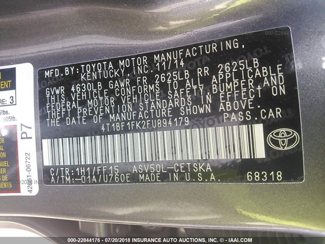 4T1BF1FK2FU894179 - 2015 TOYOTA CAMRY LE/XLE/SE/XSE 灰色 照片 9