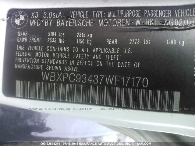 WBXPC93437WF17170 - 2007 BMW X3 3.0SI WHITE photo 9