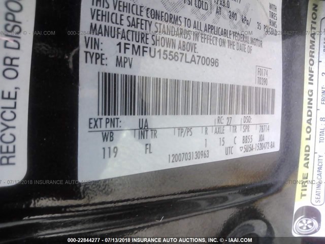 1FMFU15567LA70096 - 2007 FORD EXPEDITION XLT BLACK photo 9