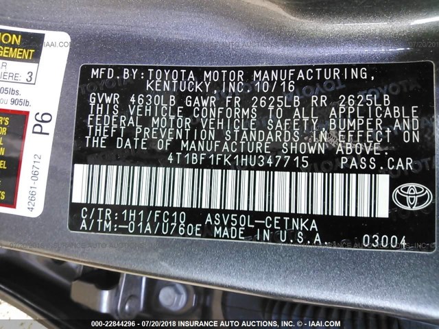 4T1BF1FK1HU347715 - 2017 TOYOTA CAMRY LE/XLE/SE/XSE GRAY photo 9