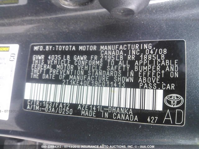 2T1KE40E19C011413 - 2009 TOYOTA COROLLA MATRIX S GRAY photo 9