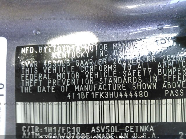 4T1BF1FK3HU444480 - 2017 TOYOTA CAMRY LE/XLE/SE/XSE GRAY photo 9