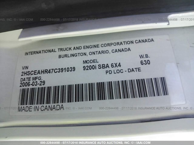 2HSCEAHR47C391039 - 2007 INTERNATIONAL 9200 9200I 白色 照片 10