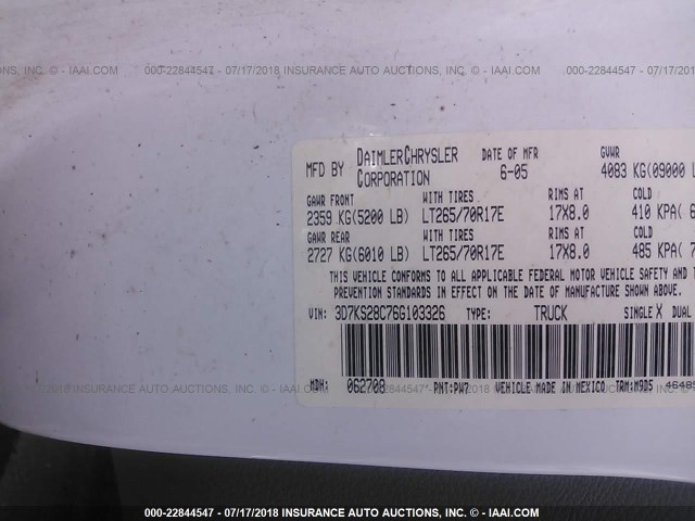 3D7KS28C76G103326 - 2006 DODGE RAM 2500 ST/SLT/LARAMIE თეთრი ფოტო 9