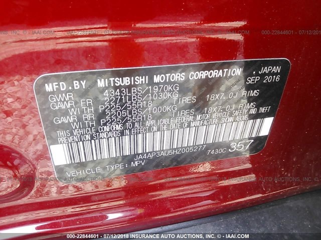 JA4AP3AU5HZ005277 - 2017 MITSUBISHI OUTLANDER SPORT ES/SE RED photo 9