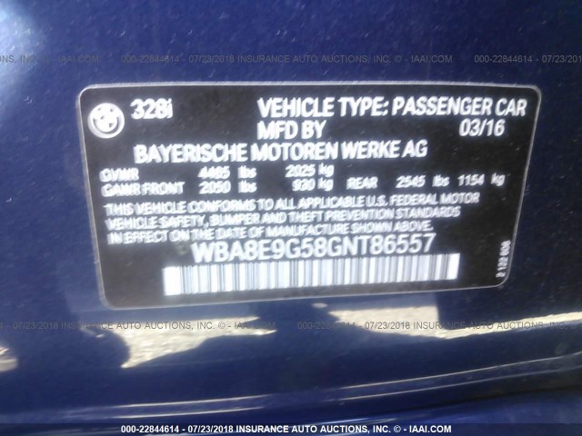 WBA8E9G58GNT86557 - 2016 BMW 328 I SULEV BLUE photo 9