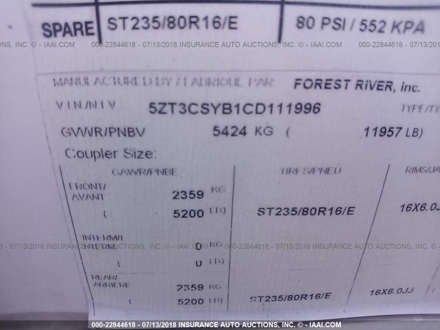 5ZT3CSYB1CD111996 - 2012 FOREST RIVER OTHER  Unknown photo 9