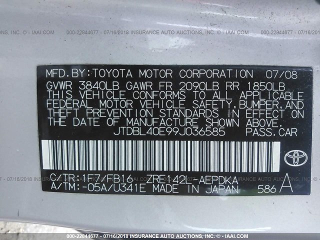 JTDBL40E99J036585 - 2009 TOYOTA COROLLA LE/XLE SILVER photo 9