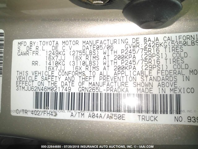 3TMJU62N46M021749 - 2006 TOYOTA TACOMA DOUBLE CAB PRERUNNER GOLD photo 9