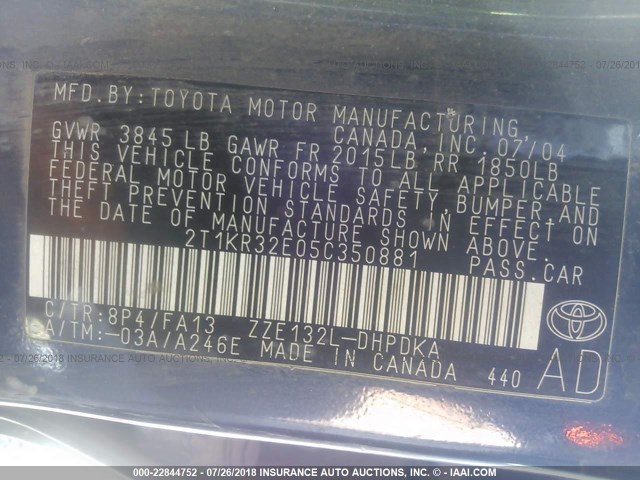 2T1KR32E05C350881 - 2005 TOYOTA COROLLA MATRIX XR BLUE photo 9