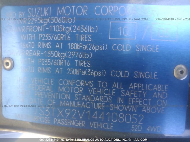 JS3TX92V144108052 - 2004 SUZUKI XL7 EX/LX GRAY photo 9