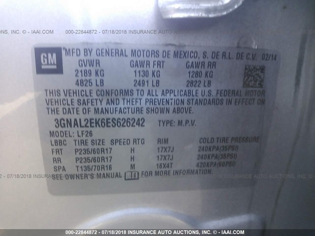 3GNAL2EK6ES626242 - 2014 CHEVROLET CAPTIVA LS 银色 照片 9