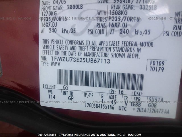 1FMZU73E25UB67113 - 2005 FORD EXPLORER XLT/XLT SPORT/NBX 红色 照片 9