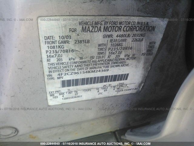 4F2CZ96154KM24369 - 2004 MAZDA TRIBUTE ES SILVER photo 9