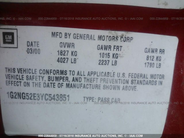 1G2NG52E3YC543851 - 2000 PONTIAC GRAND AM SE2 RED photo 9