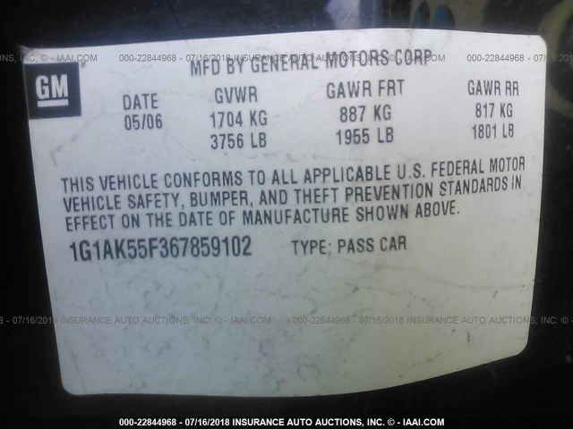 1G1AK55F367859102 - 2006 CHEVROLET COBALT LS BLACK photo 9