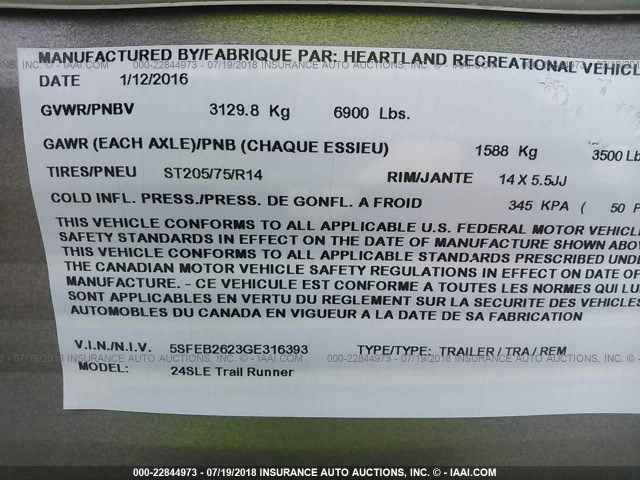 5SFEB2623GE316393 - 2016 HEARTLAND 24SLE  Blanc photo 10
