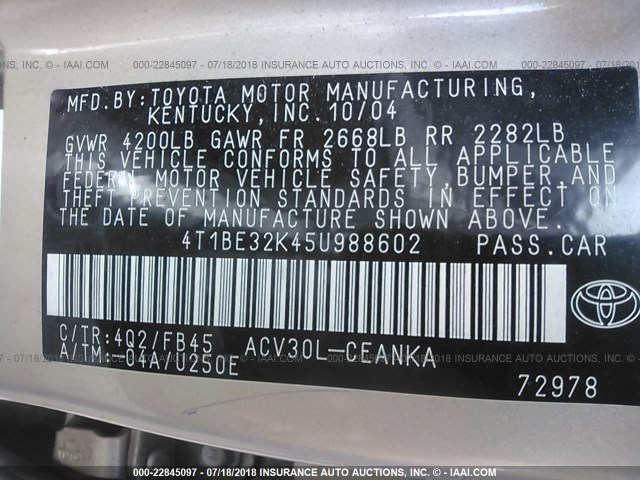 4T1BE32K45U988602 - 2005 TOYOTA CAMRY LE/XLE/SE Qəhvəyi foto 9