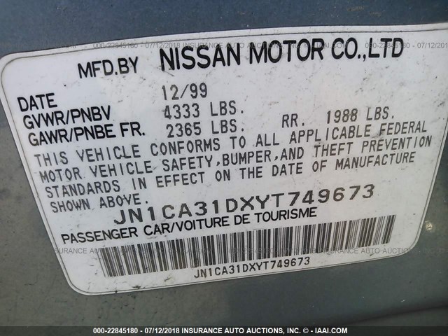 JN1CA31DXYT749673 - 2000 NISSAN MAXIMA GLE/GXE/SE GREEN photo 9