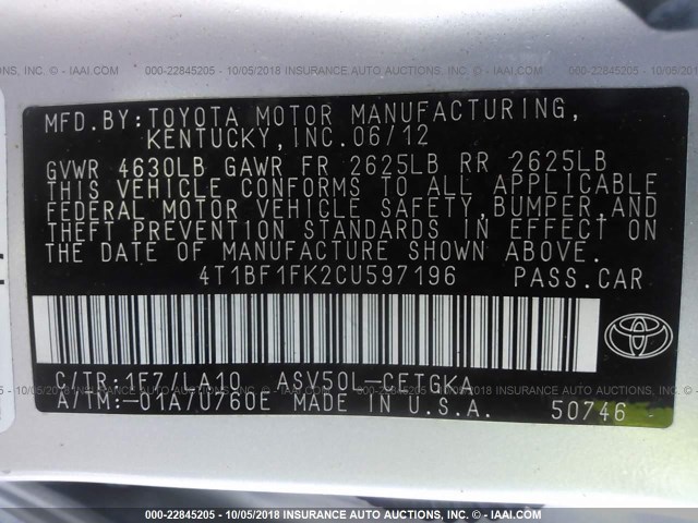 4T1BF1FK2CU597196 - 2012 TOYOTA CAMRY SE/LE/XLE 银色 照片 9