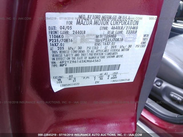 4F2YZ96145KM64563 - 2005 MAZDA TRIBUTE S RED photo 9