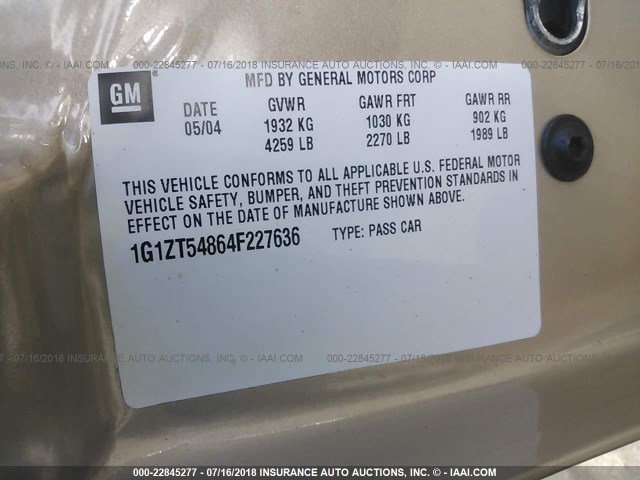 1G1ZT54864F227636 - 2004 CHEVROLET MALIBU LS TAN photo 9