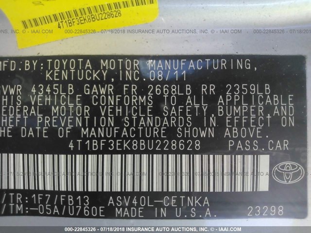 4T1BF3EK8BU228628 - 2011 TOYOTA CAMRY SE/LE/XLE ვერცხლისფერი ფოტო 9