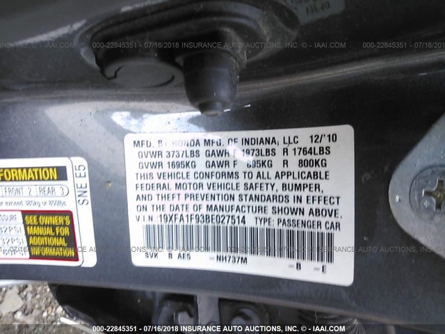 19XFA1F93BE027514 - 2011 HONDA CIVIC EXL GRAY photo 9