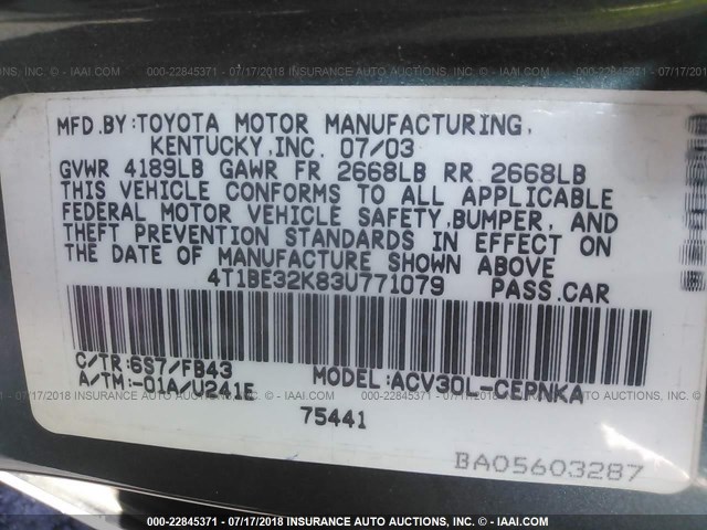 4T1BE32K83U771079 - 2003 TOYOTA CAMRY LE/XLE/SE 绿色 照片 9