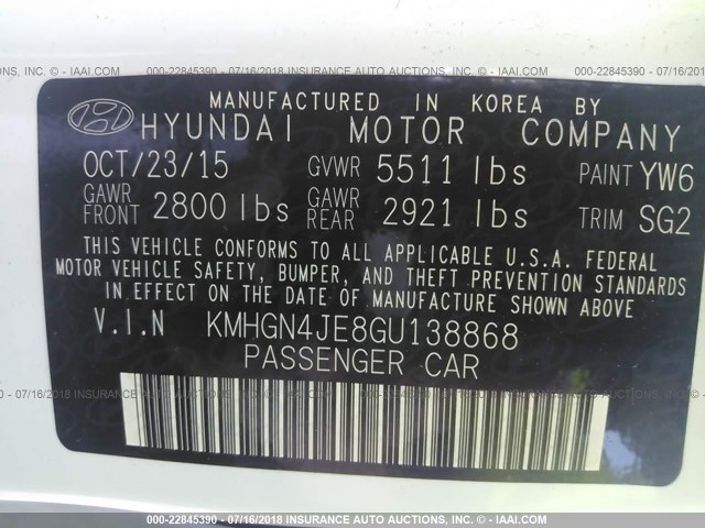 KMHGN4JE8GU138868 - 2016 HYUNDAI GENESIS 3.8L WHITE photo 9