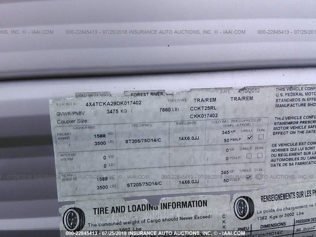 4X4TCKA29DK017402 - 2013 FOREST RIVER OTHER  WHITE photo 9