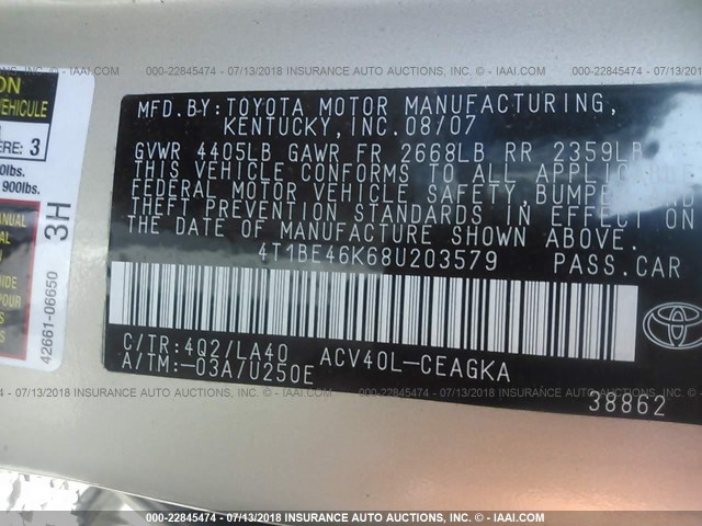 4T1BE46K68U203579 - 2008 TOYOTA CAMRY CE/LE/XLE/SE GOLD photo 9