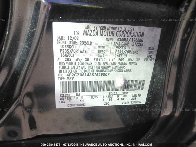 4F2CZ06143KM29007 - 2003 MAZDA TRIBUTE ES 黑色 照片 9