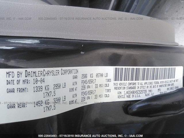 1J4GS48K45C525729 - 2005 JEEP GRAND CHEROKEE LAREDO/COLUMBIA/FREEDOM 绿色 照片 9