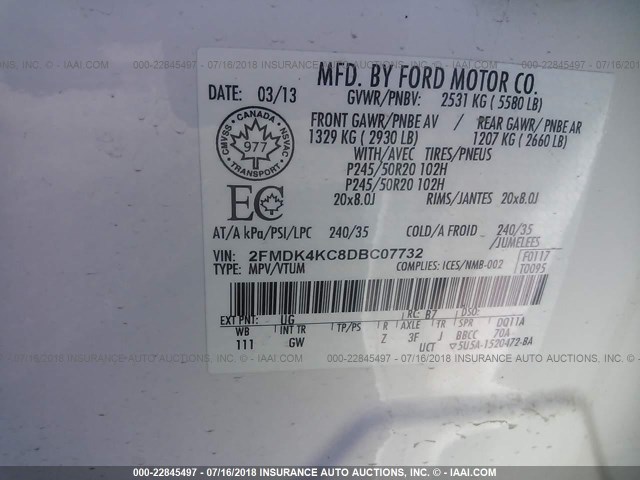 2FMDK4KC8DBC07732 - 2013 FORD EDGE LIMITED WHITE photo 9