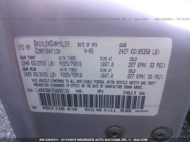 1J4GK38K35W683133 - 2005 JEEP LIBERTY RENEGADE SILVER photo 9