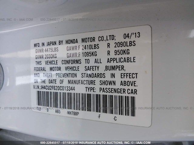 JH4CU2F62DC013344 - 2013 ACURA TSX TECH WHITE photo 9