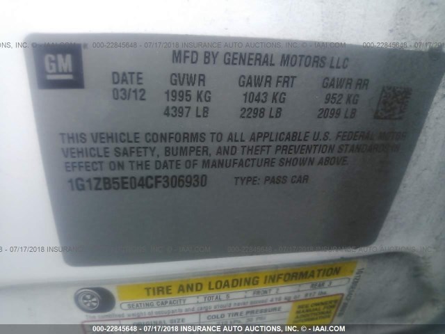 1G1ZB5E04CF306930 - 2012 CHEVROLET MALIBU LS WHITE photo 9