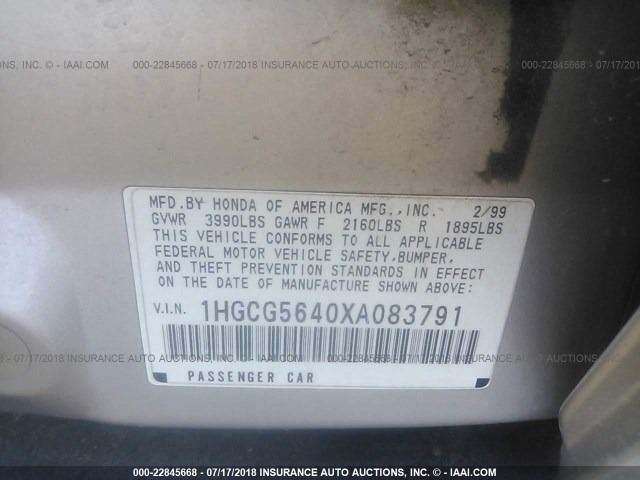 1HGCG5640XA083791 - 1999 HONDA ACCORD LX SILVER photo 9