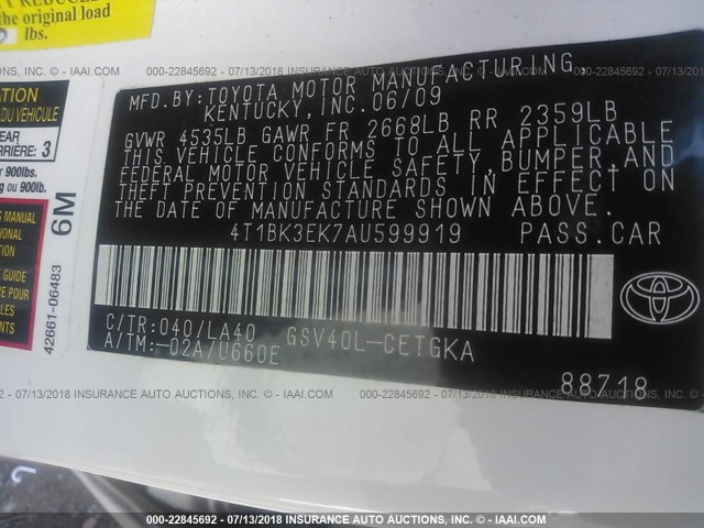 4T1BK3EK7AU599919 - 2010 TOYOTA CAMRY SE/LE/XLE 白色 照片 9