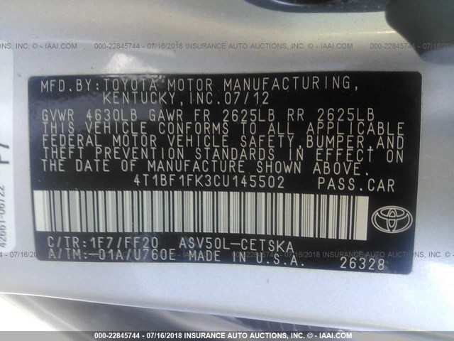 4T1BF1FK3CU145502 - 2012 TOYOTA CAMRY SE/LE/XLE SILVER photo 9