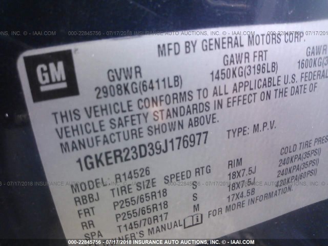 1GKER23D39J176977 - 2009 GMC ACADIA SLT-1 Niebieski zdjęcie 9