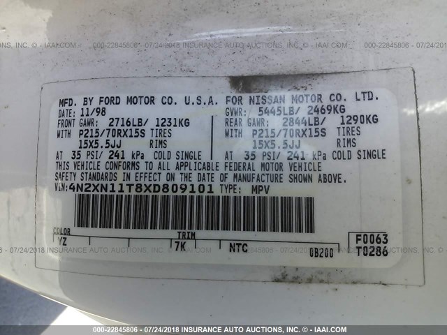 4N2XN11T8XD809101 - 1999 NISSAN QUEST SE/GLE/GXE WHITE photo 9