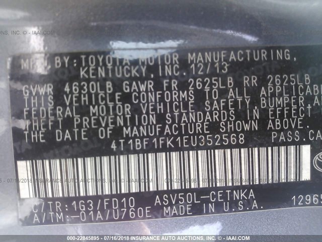 4T1BF1FK1EU352568 - 2014 TOYOTA CAMRY L/SE/LE/XLE Boz foto 9